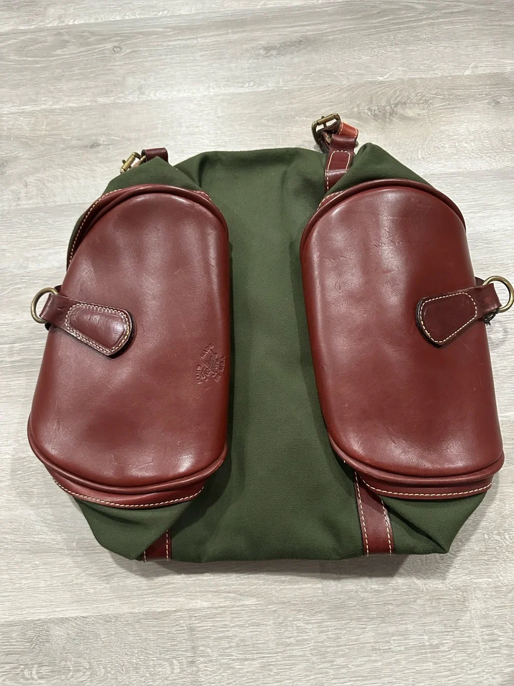 BG32 NWT Holland Sport Leather & Canvas Duffle Bag Safari Green 16” Length